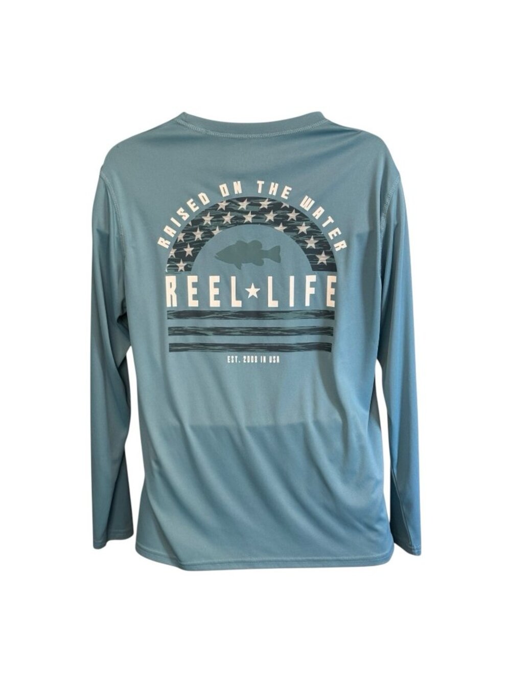 Reel Life Raised on the Water Long Sleeve Tee~Size Med~Blue Dri-Fit Shirt L11 02